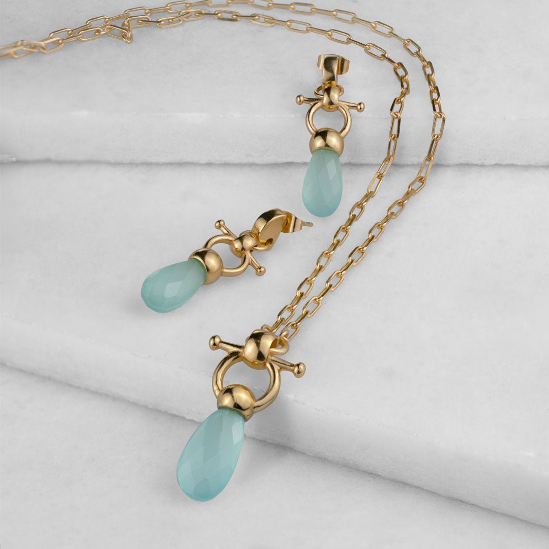 Droplette - Aqua Chalcedony Horse Bit Equestrian Earring in Gold Urban-Equestrian