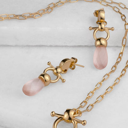 Droplette - Rose Quartz Horse Bit Equestrian Earring in Gold Urban-Equestrian