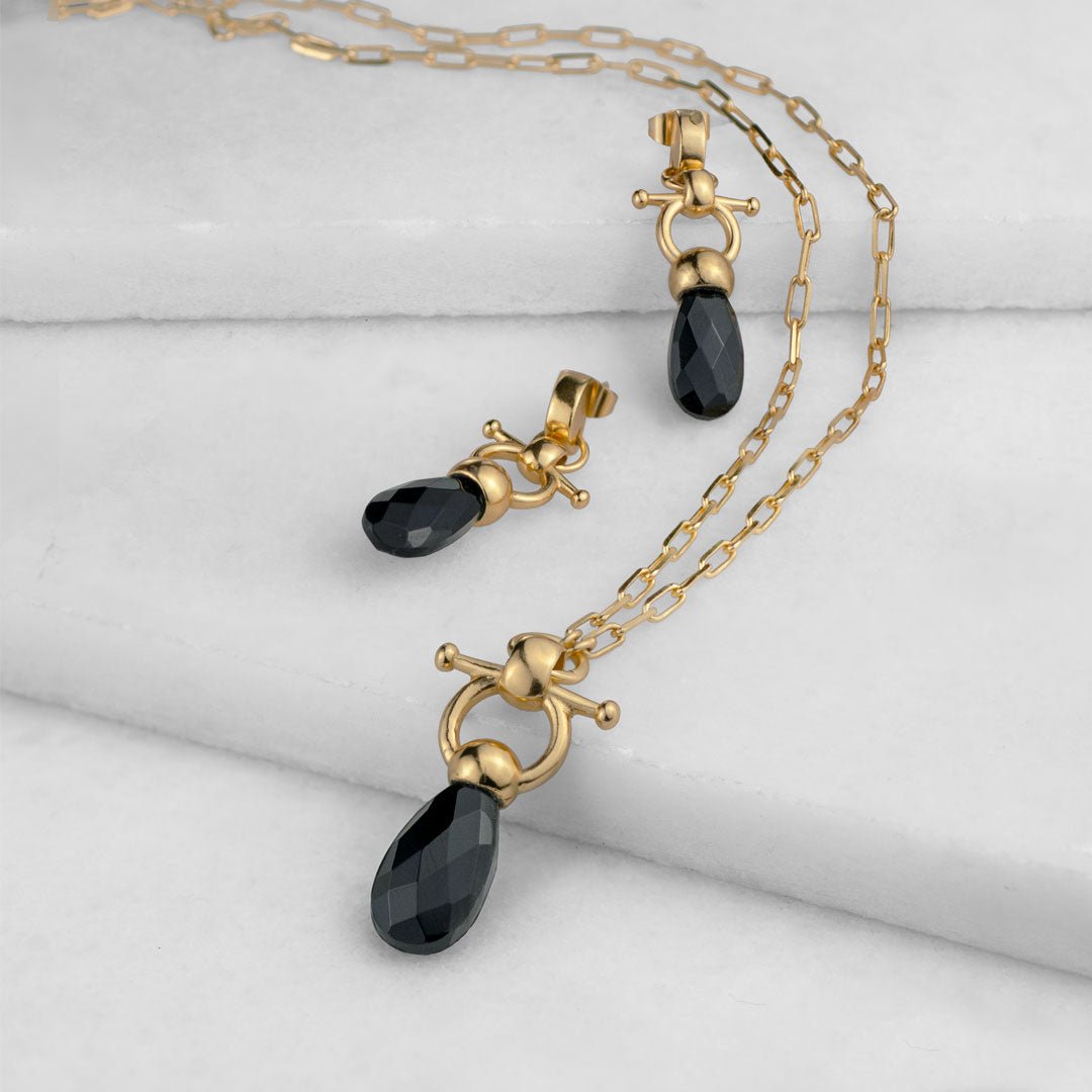Droplette - Black Onyx Equestrian Horse Bit Necklace in Gold Urban-Equestrian