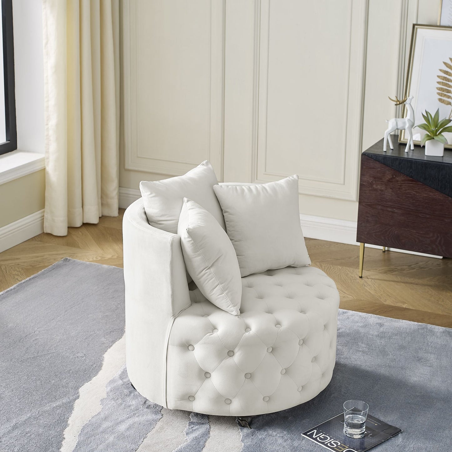 Velvet Upholstered Swivel Chair for Living Room, with Button Tufted Design and Movable Wheels, Including 3 Pillows New Era Fashion LLc