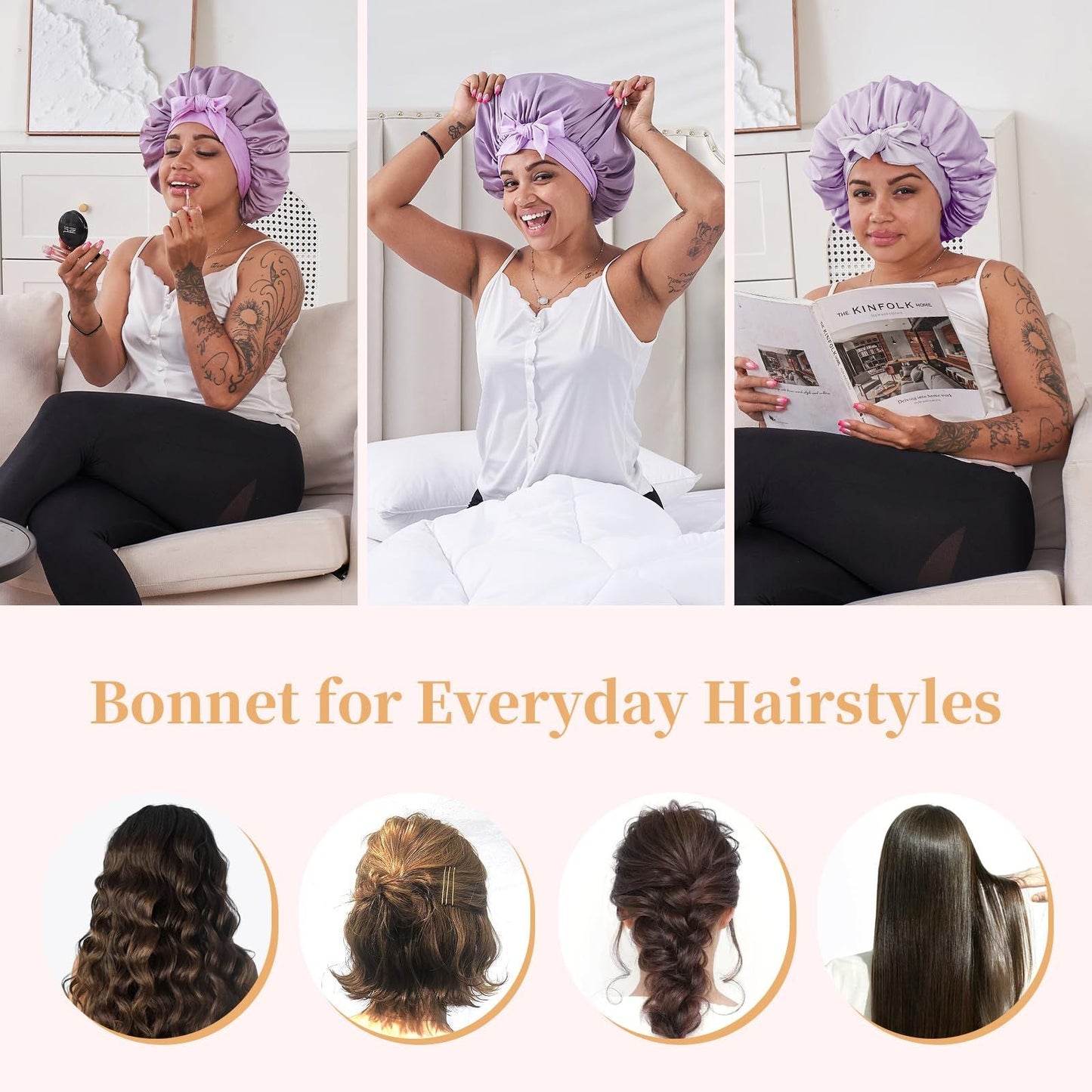 Silk Bonnet for Sleeping Women, Satin Hair Bonnet for Sleeping for Wavy Curly Natural Hair Women Men - Rose Red New Era Fashion LLc