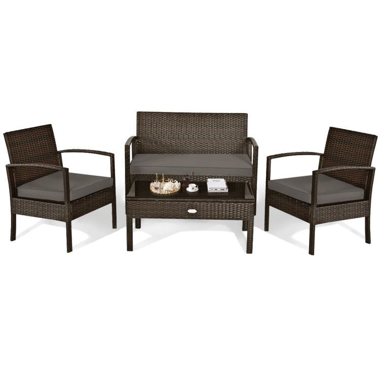 4 Pieces Patio Rattan Cushioned Furniture Set with Loveseat and Table Outdoor Conversation Sets New Era Fashion LLc
