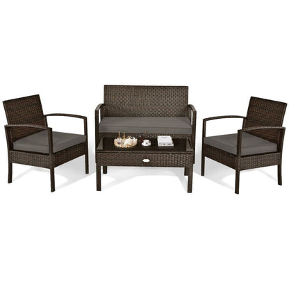 4 Pieces Patio Rattan Cushioned Furniture Set with Loveseat and Table Outdoor Conversation Sets New Era Fashion LLc
