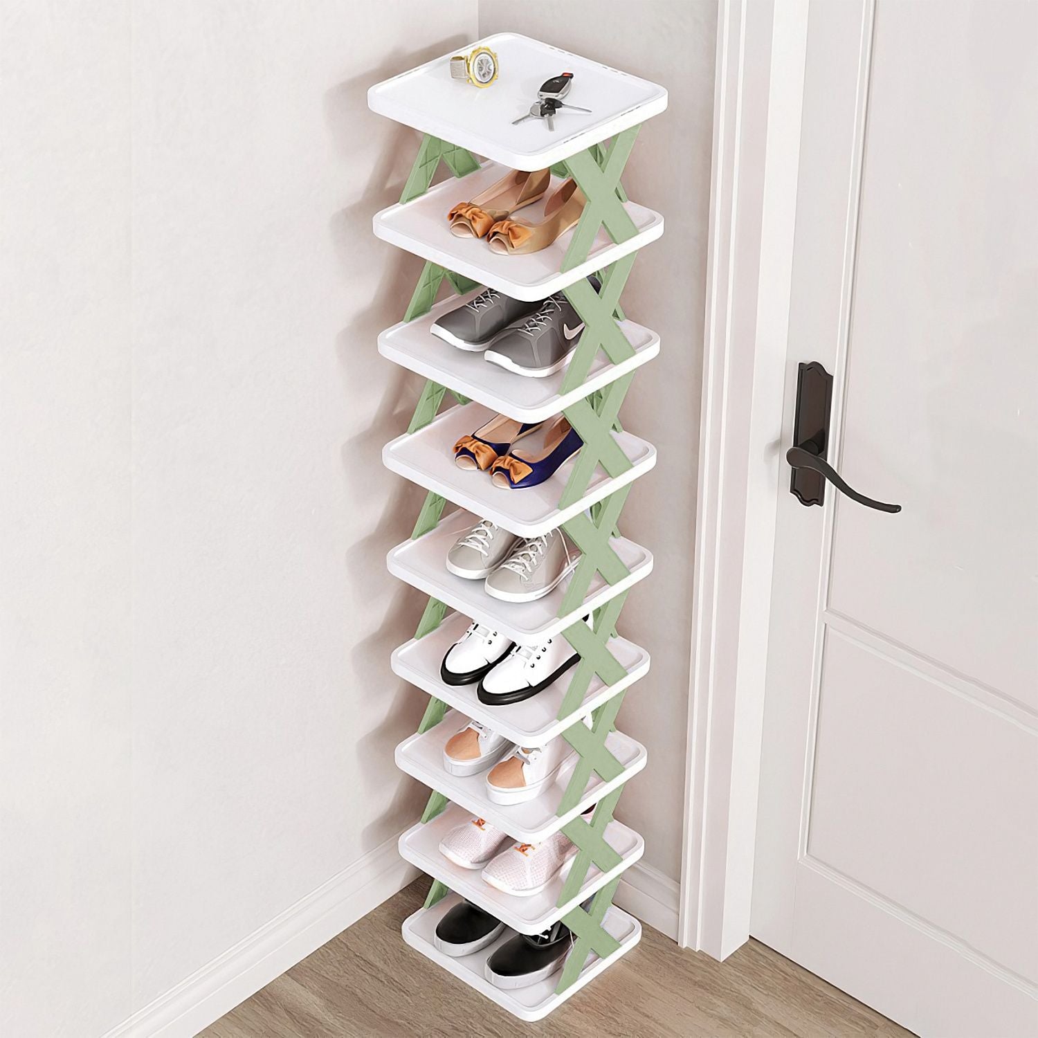 9Tier Narrow Entryway Shoe Rack Plastic Vertical Shoe Organizer Space Saving Free Standing Shoes Storage Shelf Closet Hallway New Era Fashion LLc