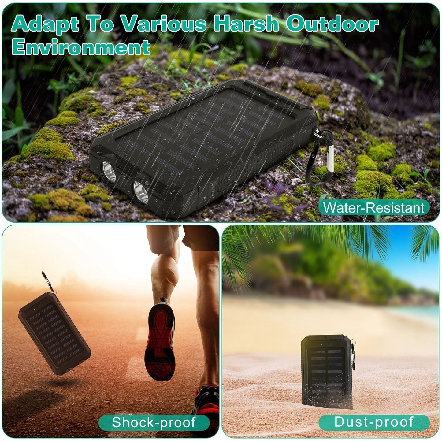 10000mAh Solar Power Bank External Battery Pack Dual USB Ports Outdoor Charger with Battery Indicators SOS LED Lights Compass Camping Hiking New Era Fashion LLc