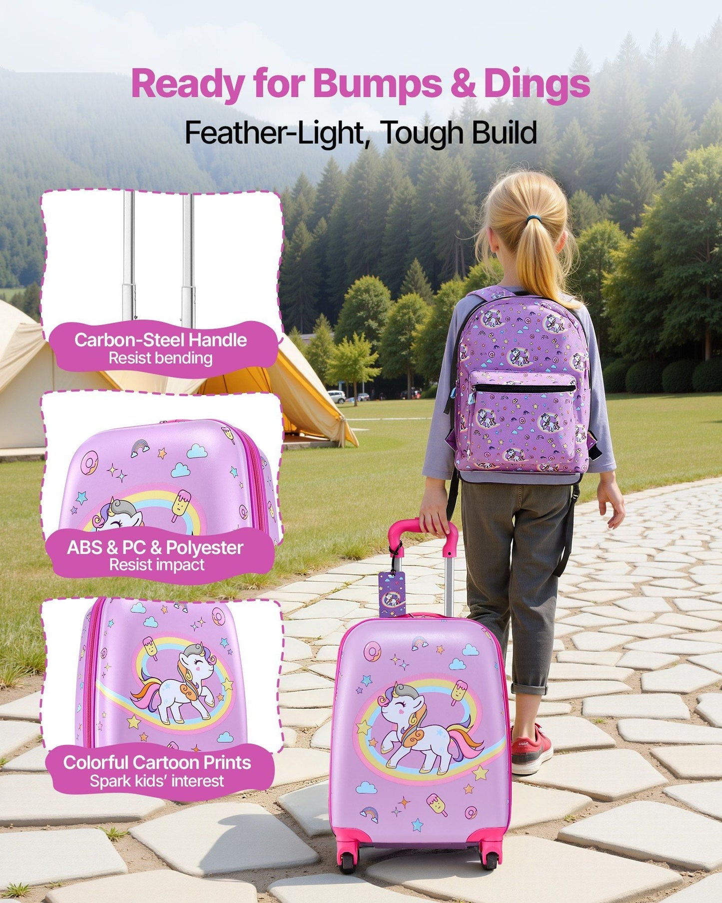 Kids Luggage Set, 5 Piece, 18 Inch Hardside Rolling Wheels Suitcase with Backpack & U-shape Pillow, Unicorn Kids Carry on Luggage Set, Holiday Birthday Gift for Girls Boys, Airline Approved New Era Fashion LLc
