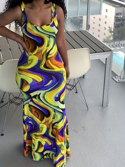 Abstract Ripple Print Dress, Sexy U Neck Sleeveless Bodycon Maxi Dress, Women's Clothing New Era Fashion LLc