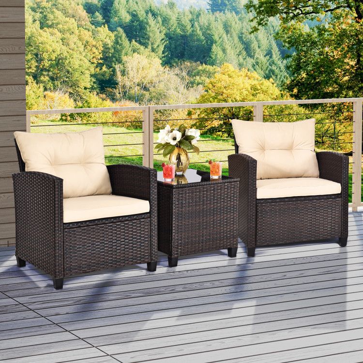 3 Pieces Patio Rattan Furniture Set with 4 Removable Cushions New Era Fashion LLc