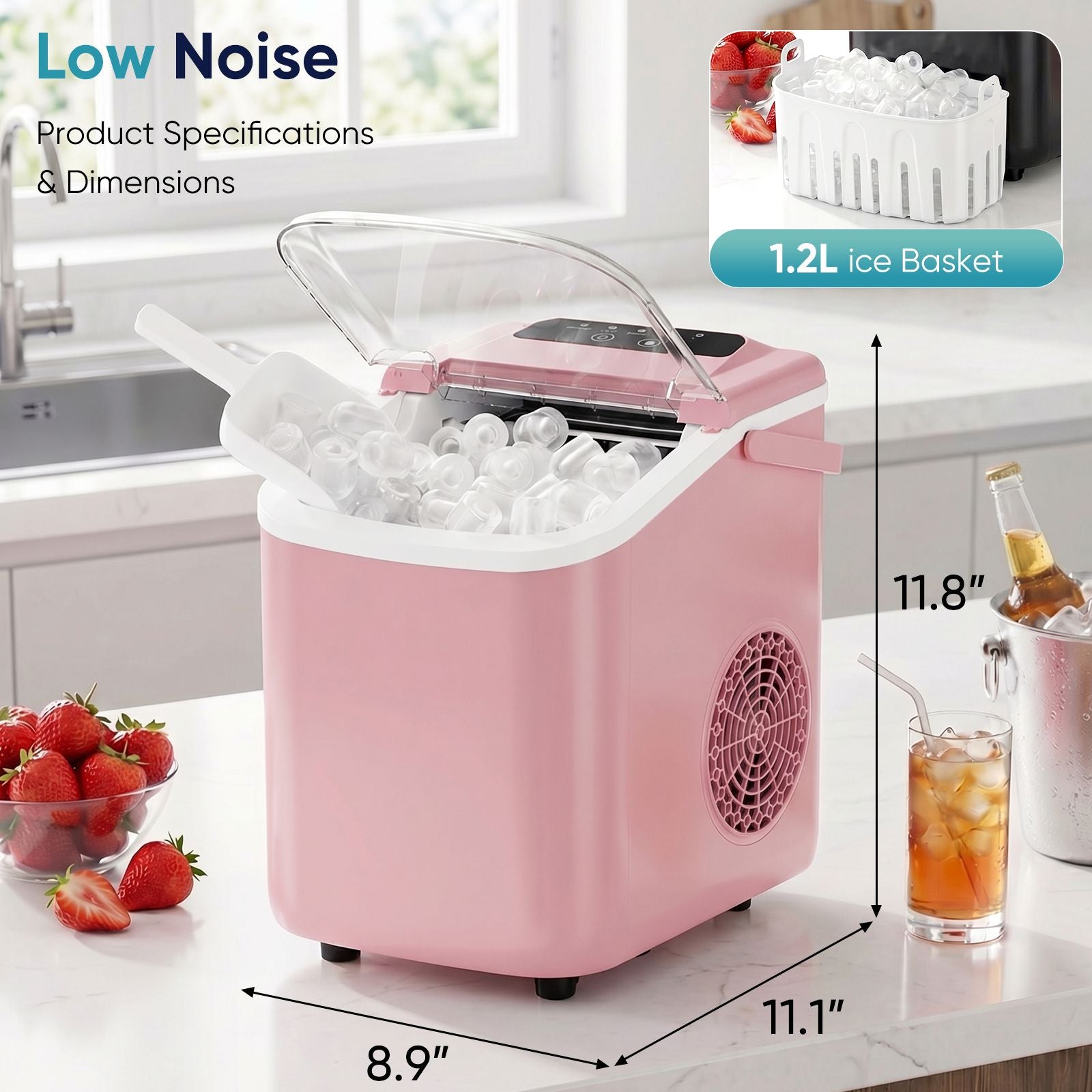 Desktop ice maker, with movable handle, can produce 9 ice balls in 6 to 8 minutes, equipped with a basket and a spoon New Era Fashion LLc
