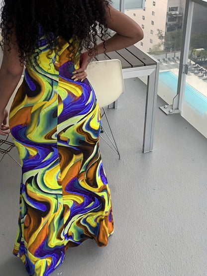 Abstract Ripple Print Dress, Sexy U Neck Sleeveless Bodycon Maxi Dress, Women's Clothing New Era Fashion LLc