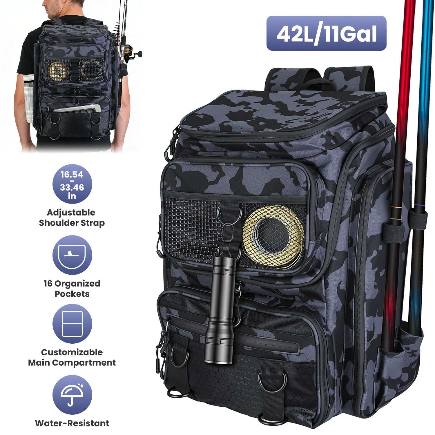 42L/11Gal Fishing Backpack Large Capacity Fishing Tackle Storage Bag with Rod Holders 16-Pocket Water-Resistant with Divider Adjustable Padded Straps for Fishing Gear Outdoor Camping Hiking New Era Fashion LLc