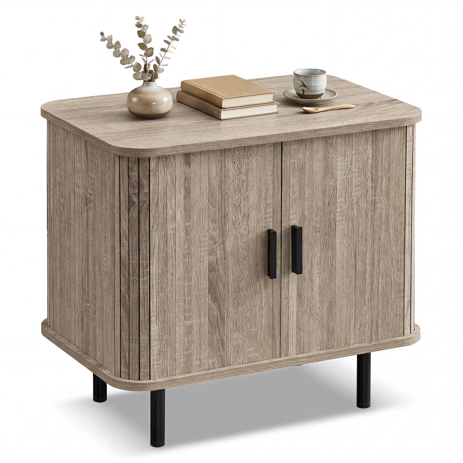End Table Modern Mid Century Nightstand with Sliding Tambour Doors and Storage Shelf New Era Fashion LLc