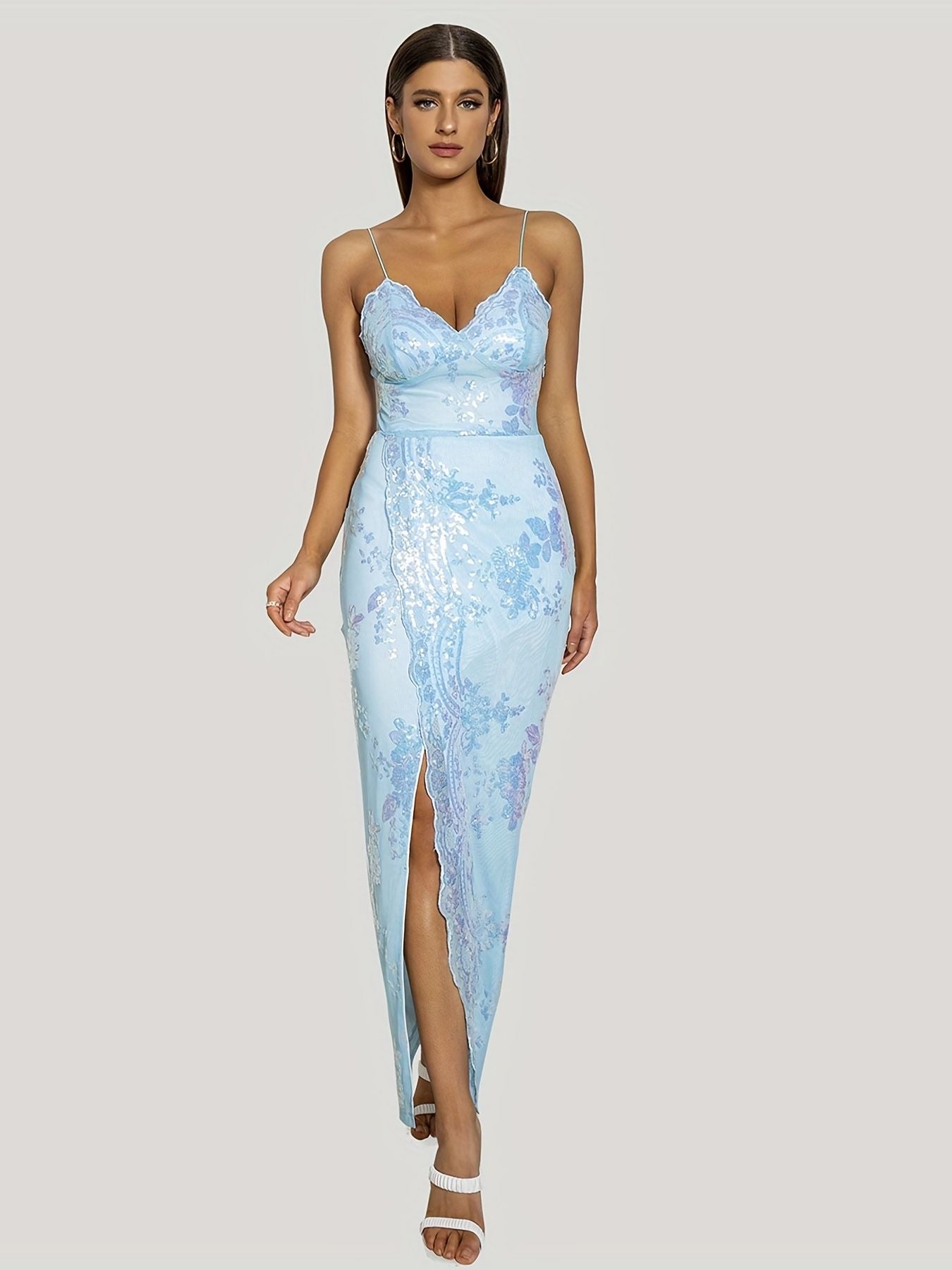 Floral Sequined Dress, Sexy Spaghetti Strap Sleeveless Party Dress, Women's Clothing New Era Fashion LLc