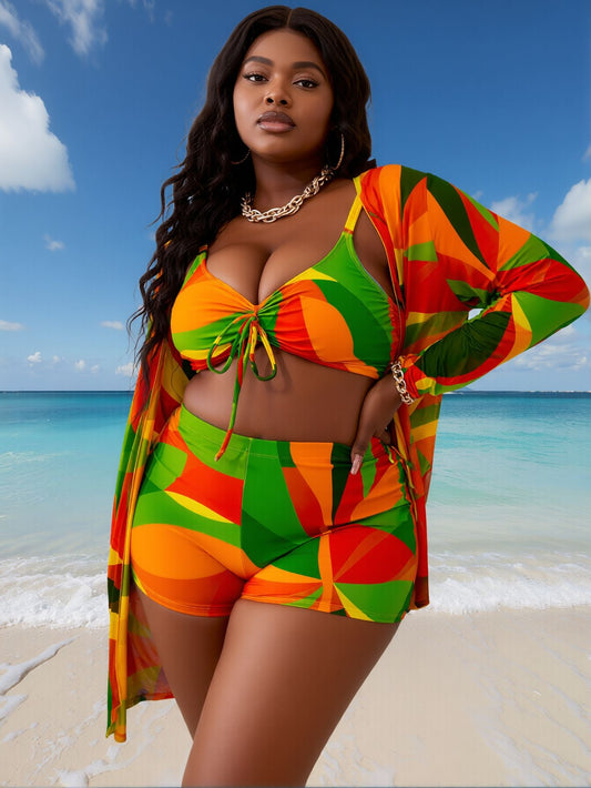 Plus Size Multi-Color Patchwork Printed V-Neck Camisole Boxer Shorts Slim Fit Covering Women's Beach Vacation Swimsuit Three-Piece Set New Era Fashion LLc