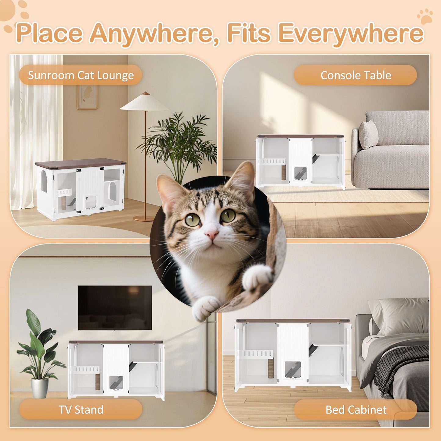 47.25" Large Cat Litter Box Enclosure with LED Light, Hidden Litter Box Furniture, Cat House with Stairs and Cat Scratching Post, Cat Cabinet Side Table with Smart Doors for Living Room New Era Fashion LLc