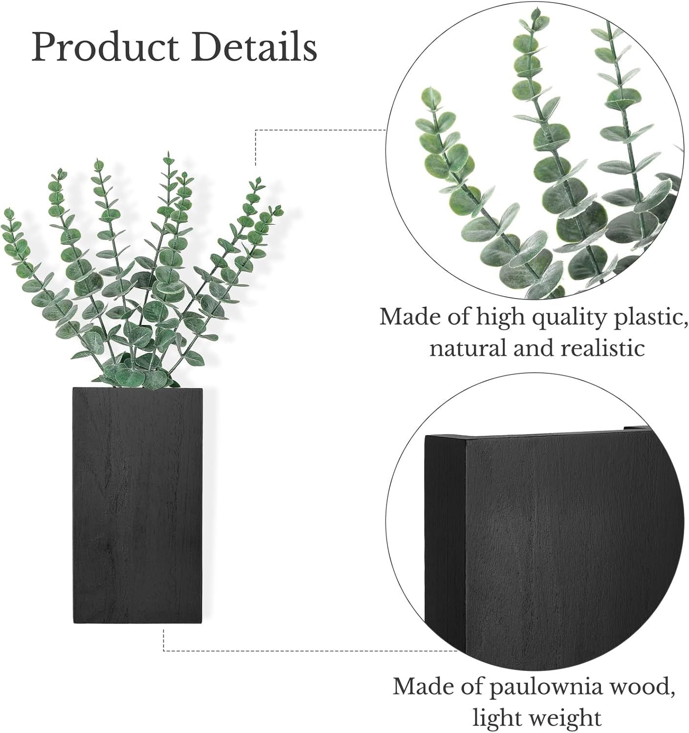 2 Pack Wood Wall Planter Vase with Artificial Eucalyptus Farmhouse Wall Hanging Decor Pocket Planter for Indoor Fake Plants Greenery, Living Room Bedroom Kitchen Home Office Decoration, Black New Era Fashion LLc