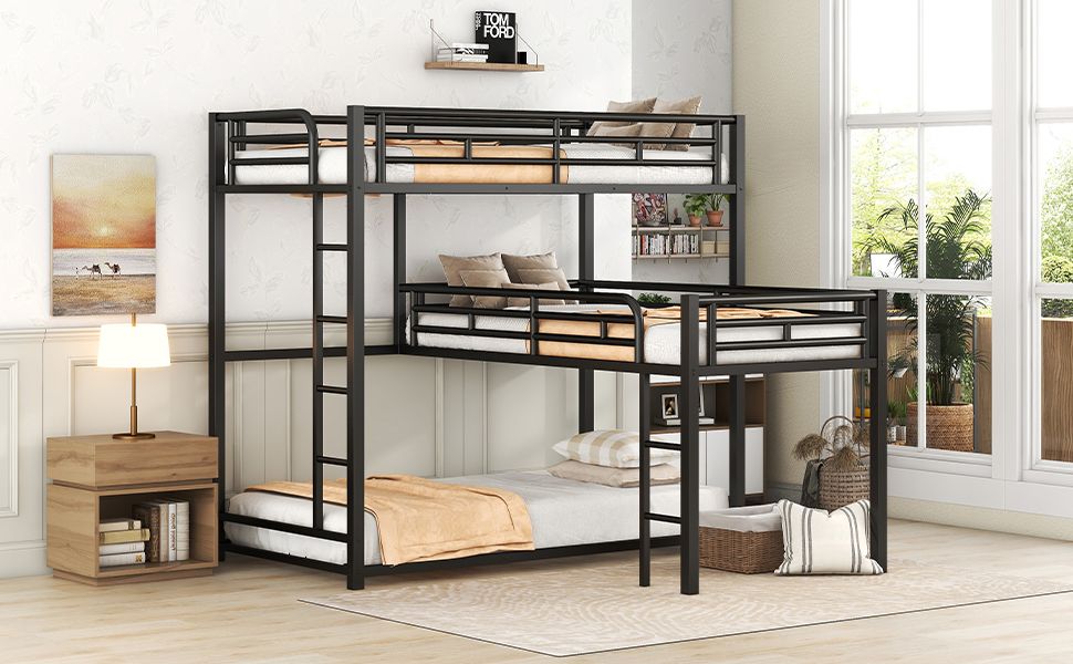 L-shaped Metal Triple Twin Size Bunk Bed New Era Fashion LLc