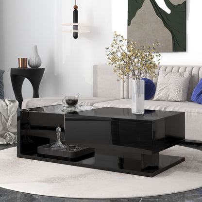 [VIDEO provided] ON-TREND Modern Coffee Table with Tempered Glass, Wooden Cocktail Table with High-gloss UV Surface, Modernist 2-Tier Rectangle Center Table for Living Room, Black New Era Fashion LLc