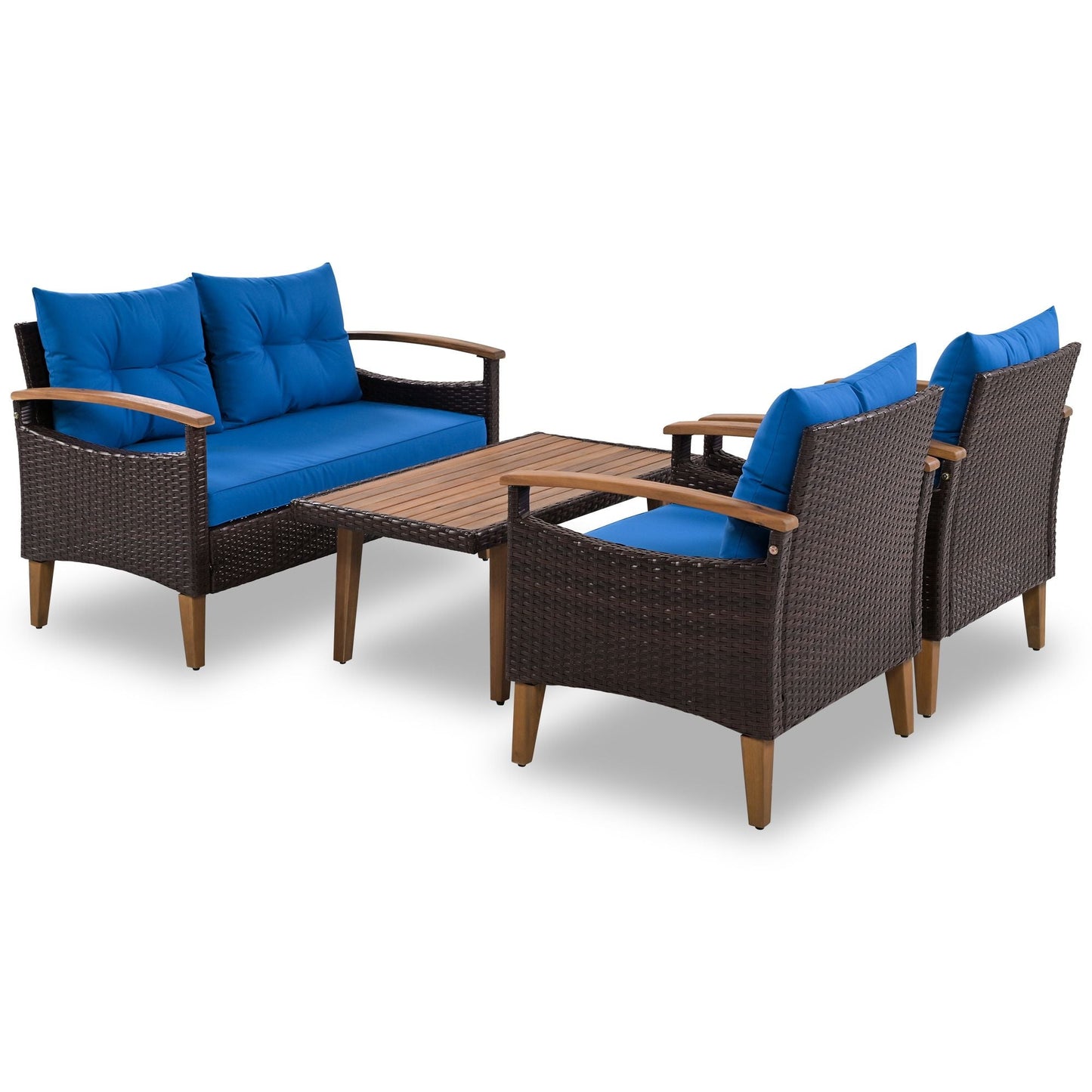 4-Piece Garden Furniture; Patio Seating Set; PE Rattan Outdoor Sofa Set; Wood Table and Legs; Brown and Beige New Era Fashion LLc