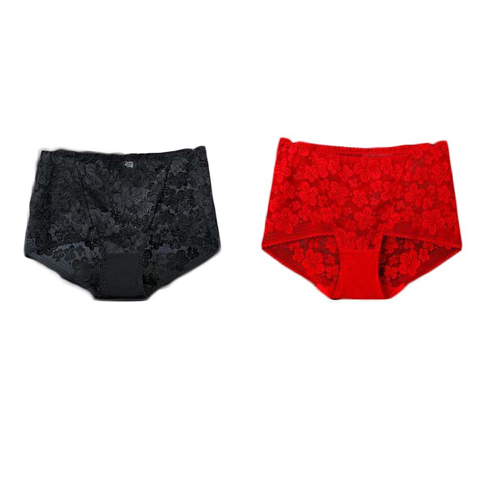 2 Pcs Women Lace Sexy Bikini Panties Pack Flower Mesh Underwear Plus Size Boyshorts Panties,Black Red New Era Fashion LLc