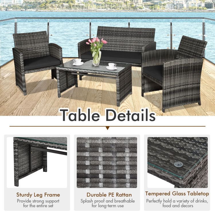 4 Pieces Patio Rattan Furniture Set with Glass Table and Loveseat New Era Fashion LLc
