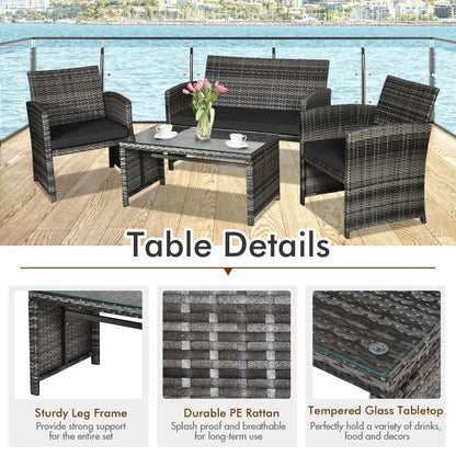 4 Pieces Patio Rattan Furniture Set with Glass Table and Loveseat New Era Fashion LLc
