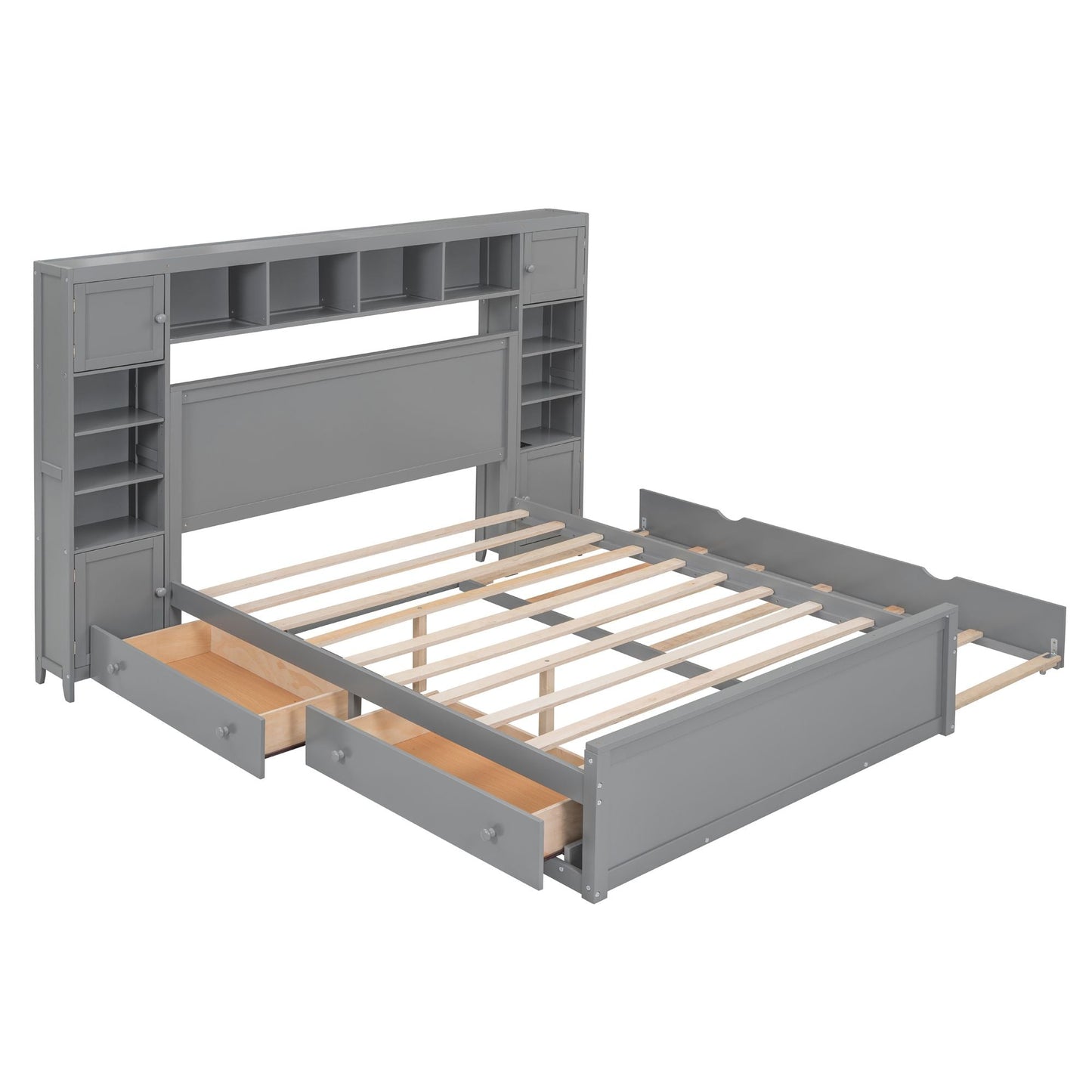 Queen Size Wooden Bed With All-in-One Cabinet, Shelf and Sockets,Twin XL Trundle, Gray New Era Fashion LLc