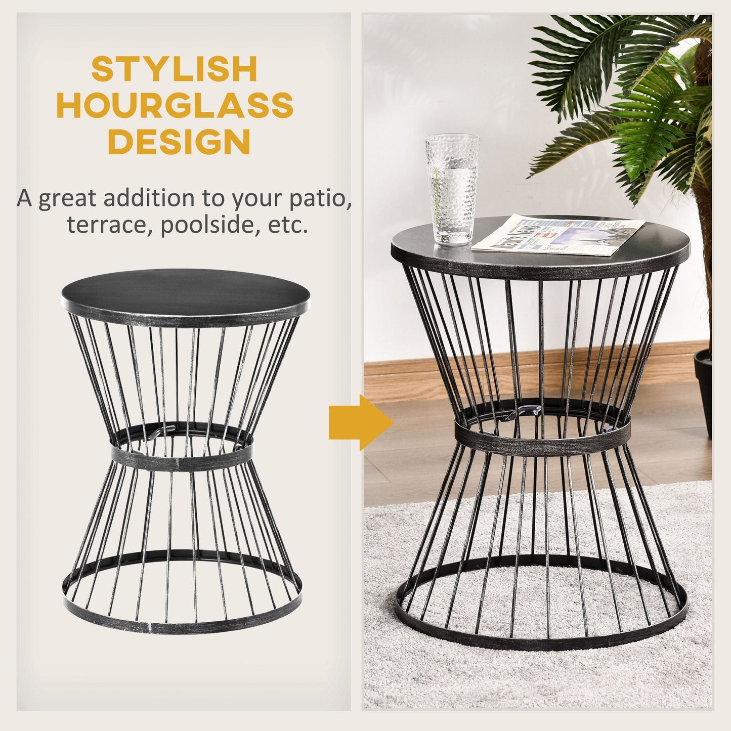 Patio End Table 16" Steel Side Table with Hourglass Design Black Accent Table for Outdoor and Indoor Use New Era Fashion LLc