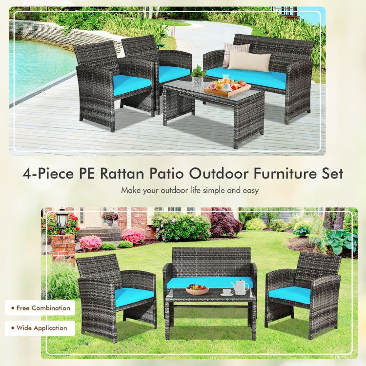 4 Pieces Patio Rattan Furniture Set with Glass Table and Loveseat New Era Fashion LLc