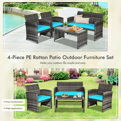 4 Pieces Patio Rattan Furniture Set with Glass Table and Loveseat New Era Fashion LLc