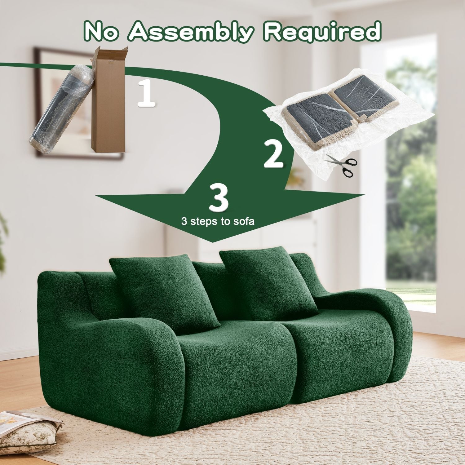 Soft Teddy Fabric Boneless Sofa,No Assembly Required Streamlined Design,Anti-Slip Design 32D High Density Sponge Fits Living Rooms Bedrooms,Green New Era Fashion LLc