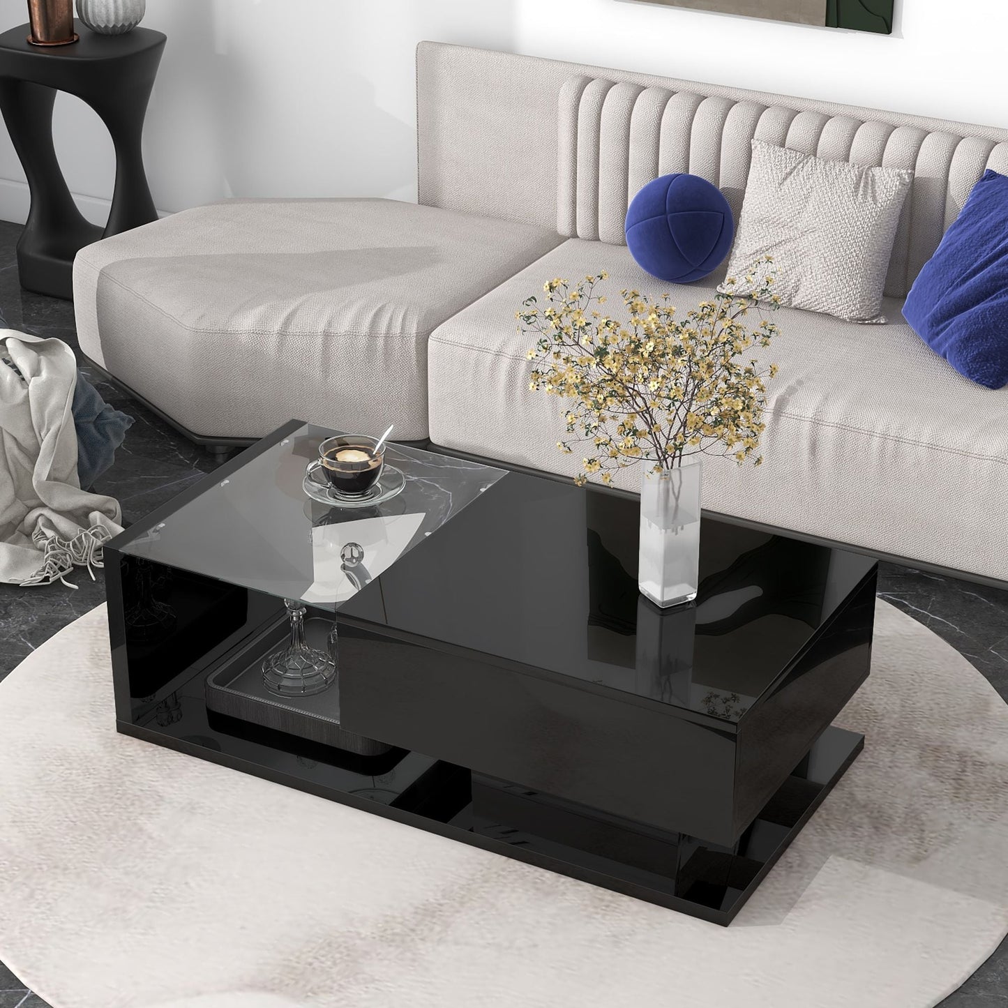 [VIDEO provided] ON-TREND Modern Coffee Table with Tempered Glass, Wooden Cocktail Table with High-gloss UV Surface, Modernist 2-Tier Rectangle Center Table for Living Room, Black New Era Fashion LLc
