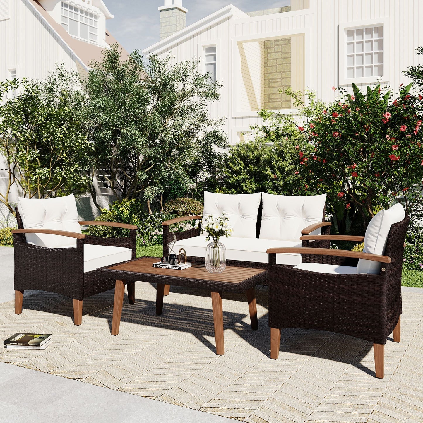 4-Piece Garden Furniture; Patio Seating Set; PE Rattan Outdoor Sofa Set; Wood Table and Legs; Brown and Beige New Era Fashion LLc