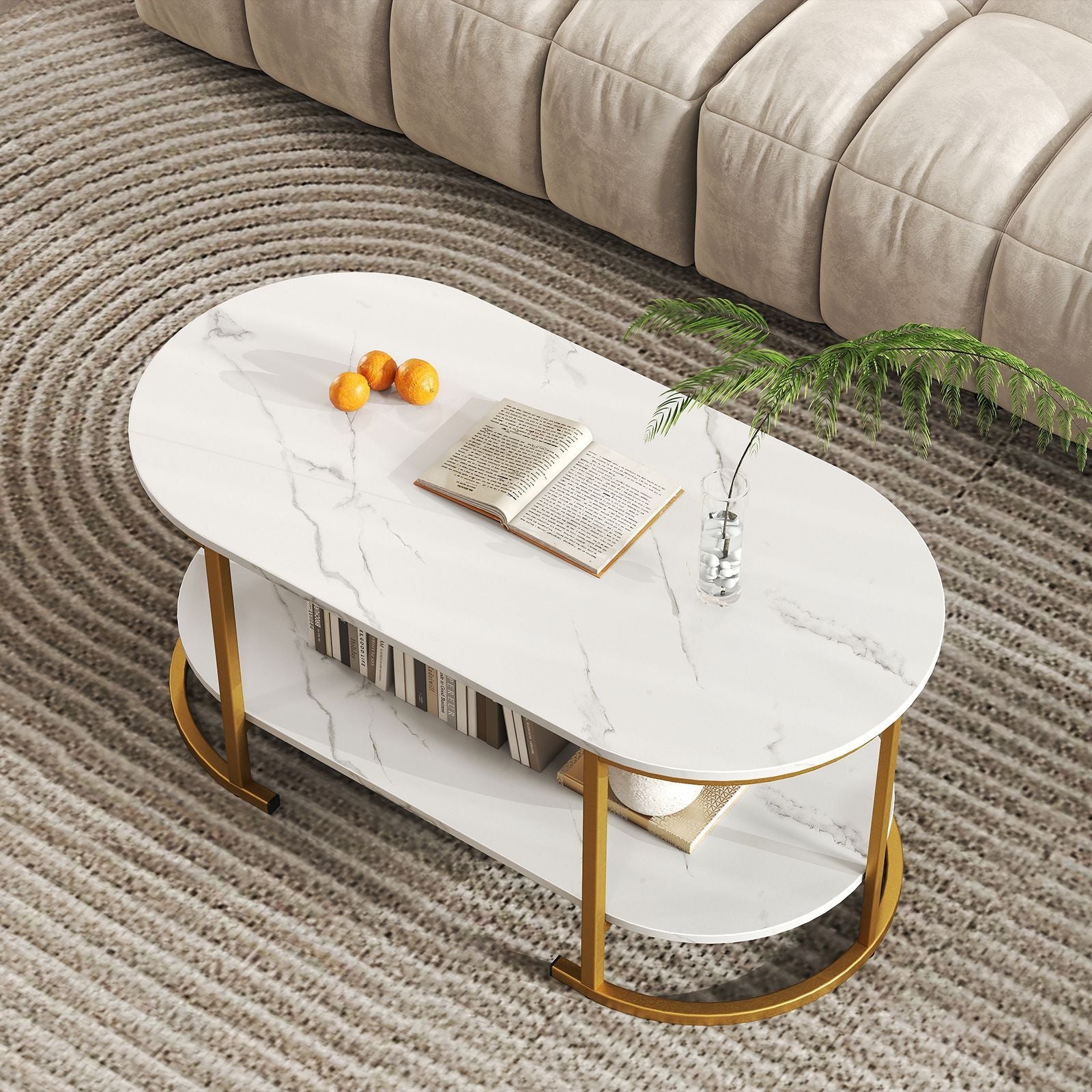 Marble Coffee Table with Open Storage Shelf New Era Fashion LLc