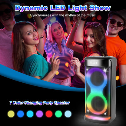 Portable Wireless Party Speaker with LED Light Wireless Mic Remote Control TWS Treble Bass Mic. Echo Music Accompany Mic. Priority Guitar In New Era Fashion LLc