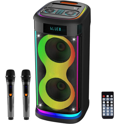 Portable Wireless Party Speaker with LED Light Wireless Mic Remote Control TWS Treble Bass Mic. Echo Music Accompany Mic. Priority Guitar In New Era Fashion LLc