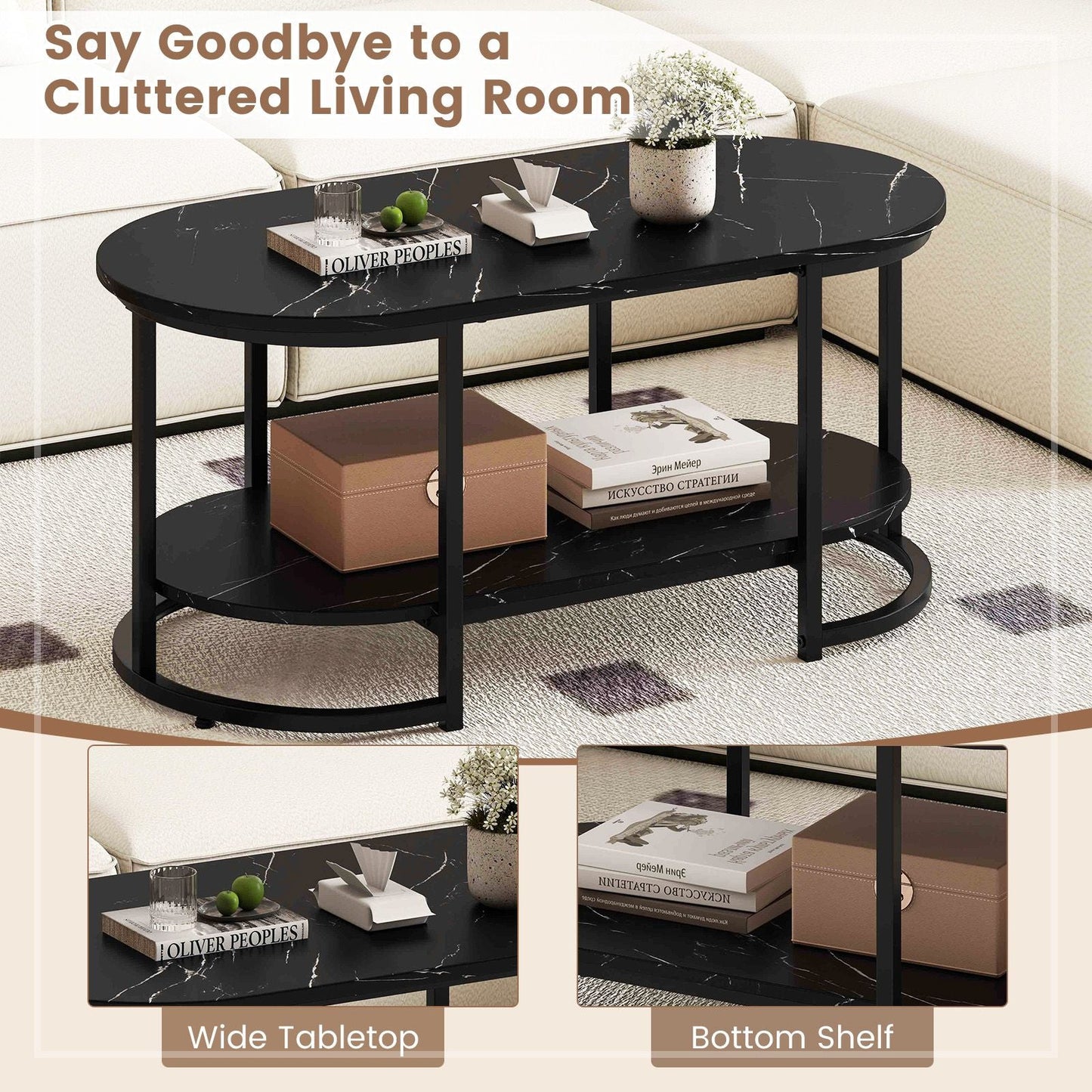Marble Coffee Table with Open Storage Shelf New Era Fashion LLc