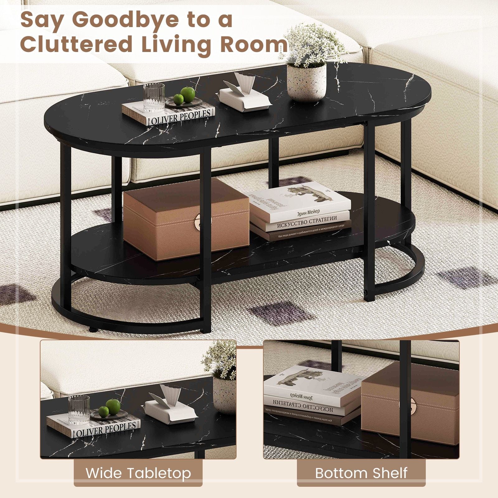 Marble Coffee Table with Open Storage Shelf New Era Fashion LLc