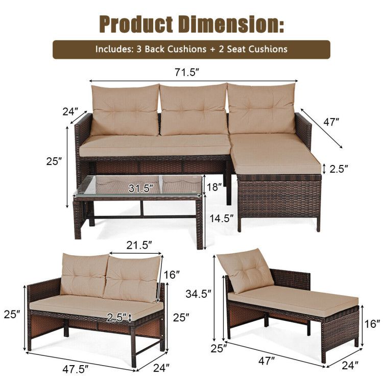 3 Pieces Outdoor Patio Corner Rattan Sofa Set New Era Fashion LLc