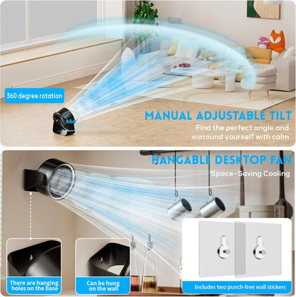Small Desk Fan 5000mAh Rechargeable Battery Powered -Retro Low Noise Quiet Portable Gentle Blowing with LED Night Light Office Bedroom Table Top Wall Hanging Kitchen Camping Dorm 5-Speed 360° Rotation New Era Fashion LLc