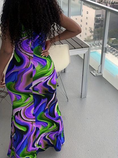 Abstract Ripple Print Dress, Sexy U Neck Sleeveless Bodycon Maxi Dress, Women's Clothing New Era Fashion LLc