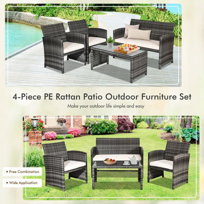 4 Pieces Patio Rattan Furniture Set with Glass Table and Loveseat New Era Fashion LLc