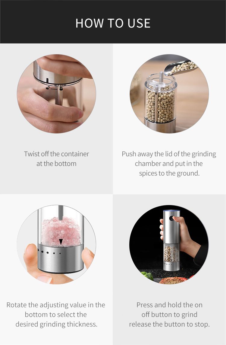 Electric Salt or Pepper Grinder , Stainless Steel with LED Light, Type-C Rechargeable, Ceramic Adjustable Coarseness, 95ml Large Capacity Visible Window, Patented Light Pipe Washable Design for Kitche New Era Fashion LLc