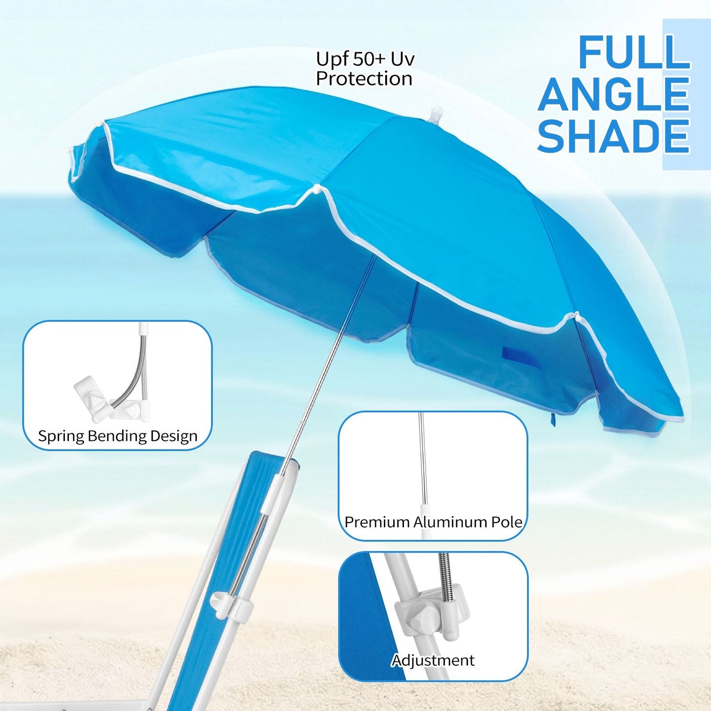 1 Pack Heavy Duty Steel Beach Chair with Umbrella, XL Size 15" Seat Height Royal Blue, Oxford Cloth with Support Bar, Single Position Adjustable, 120kg Load New Era Fashion LLc