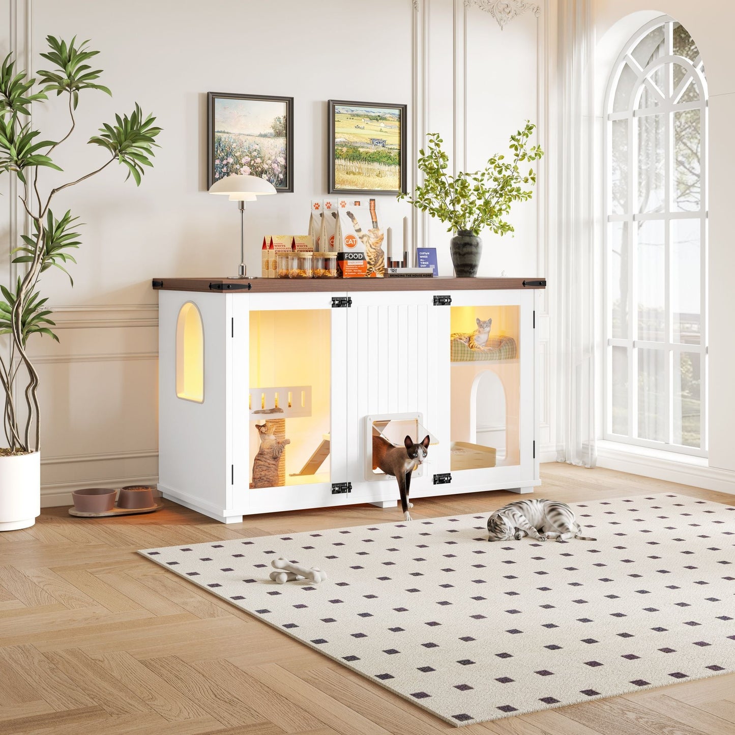 47.25" Large Cat Litter Box Enclosure with LED Light, Hidden Litter Box Furniture, Cat House with Stairs and Cat Scratching Post, Cat Cabinet Side Table with Smart Doors for Living Room New Era Fashion LLc
