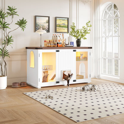 47.25" Large Cat Litter Box Enclosure with LED Light, Hidden Litter Box Furniture, Cat House with Stairs and Cat Scratching Post, Cat Cabinet Side Table with Smart Doors for Living Room New Era Fashion LLc
