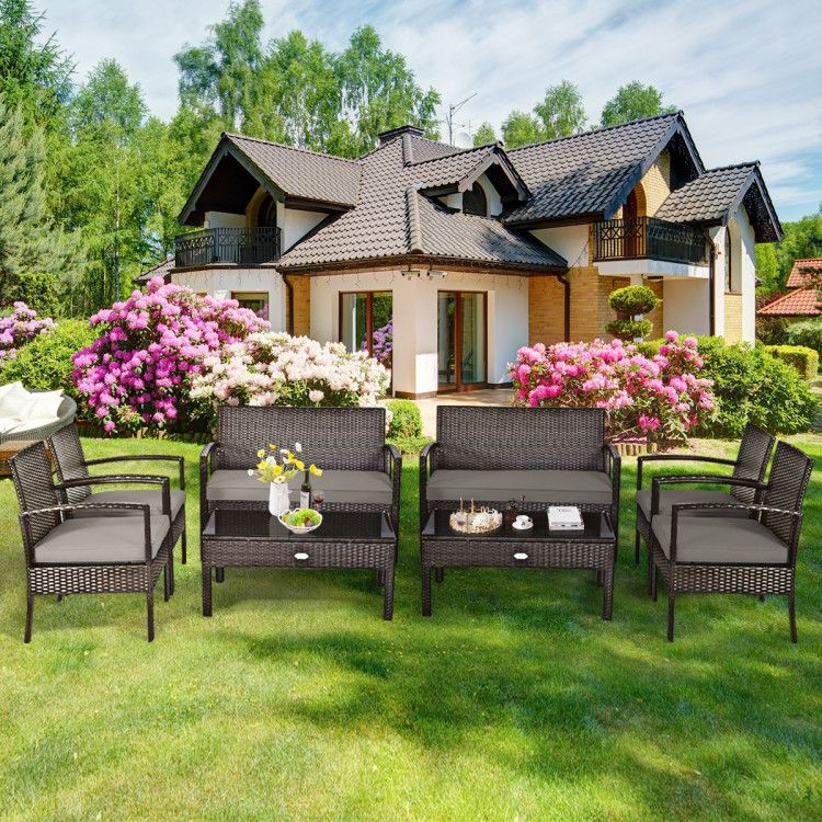 4 Pieces Patio Rattan Cushioned Furniture Set with Loveseat and Table Outdoor Conversation Sets New Era Fashion LLc
