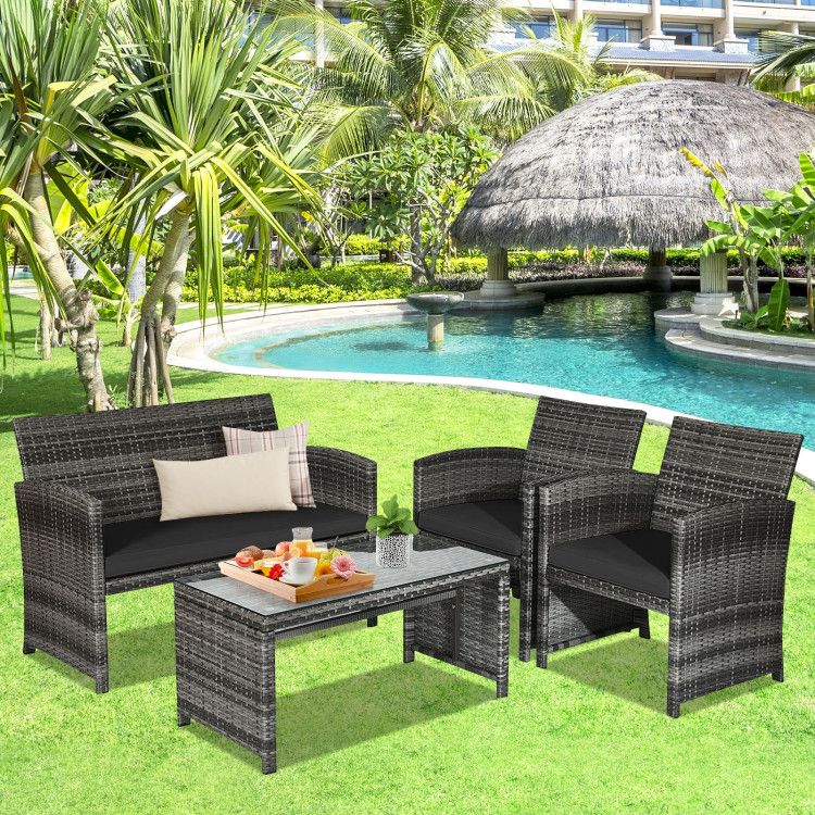 4 Pieces Patio Rattan Furniture Set with Glass Table and Loveseat New Era Fashion LLc