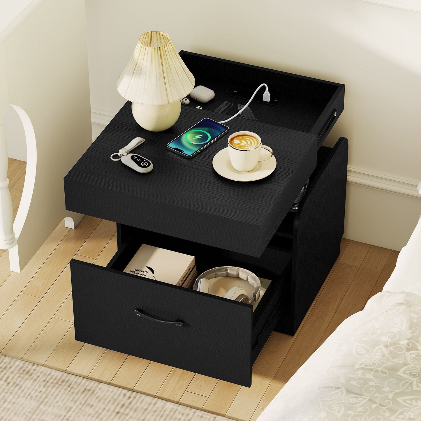 Nightstand with Charging Station Modern Bedside Table for Living Room Bedroom Office New Era Fashion LLc