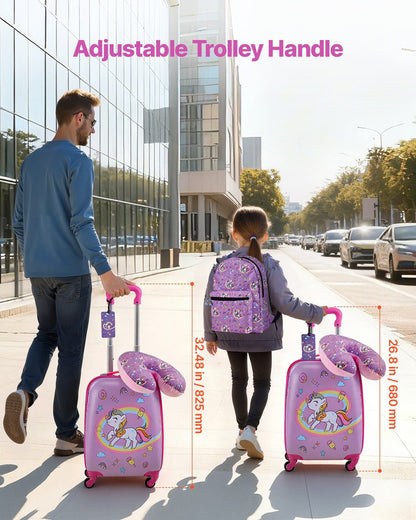 Kids Luggage Set, 5 Piece, 18 Inch Hardside Rolling Wheels Suitcase with Backpack & U-shape Pillow, Unicorn Kids Carry on Luggage Set, Holiday Birthday Gift for Girls Boys, Airline Approved New Era Fashion LLc
